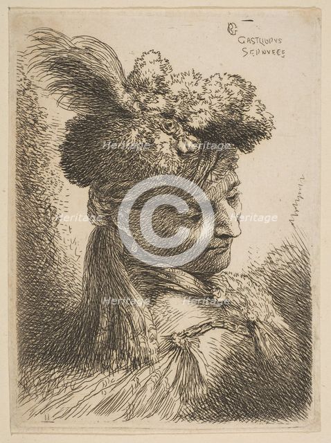 Young man facing three quaters right wearing a fur headdress with a plume, jewel an..., ca. 1645-50. Creator: Giovanni Benedetto Castiglione.