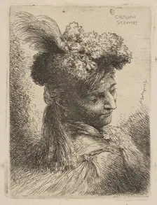 Young man facing three quaters right wearing a fur headdress with a plume, jewel an..., ca. 1645-50. Creator: Giovanni Benedetto Castiglione