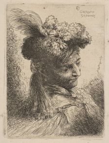 Young man facing three quaters right wearing a fur headdress with a plume, jewel an..., ca. 1645-50. Creator: Giovanni Benedetto Castiglione
