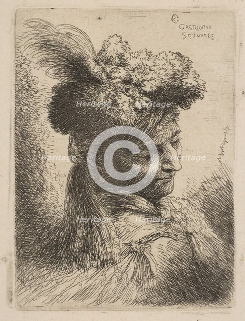 Young man facing three quaters right wearing a fur headdress with a plume, jewel an..., ca. 1645-50. Creator: Giovanni Benedetto Castiglione.