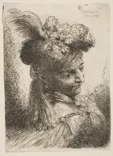 Young man facing three quaters right wearing a fur headdress with a plume, jewel ..., ca. 1645-1650. Creator: Giovanni Benedetto Castiglione