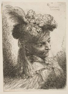 Young man facing three quaters right wearing a fur headdress with a plume, jewel ..., ca. 1645-1650. Creator: Giovanni Benedetto Castiglione