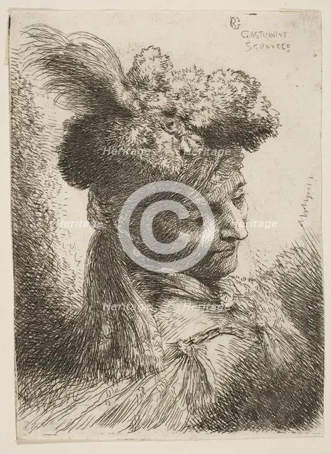 Young man facing three quaters right wearing a fur headdress with a plume, jewel ..., ca. 1645-1650. Creator: Giovanni Benedetto Castiglione.