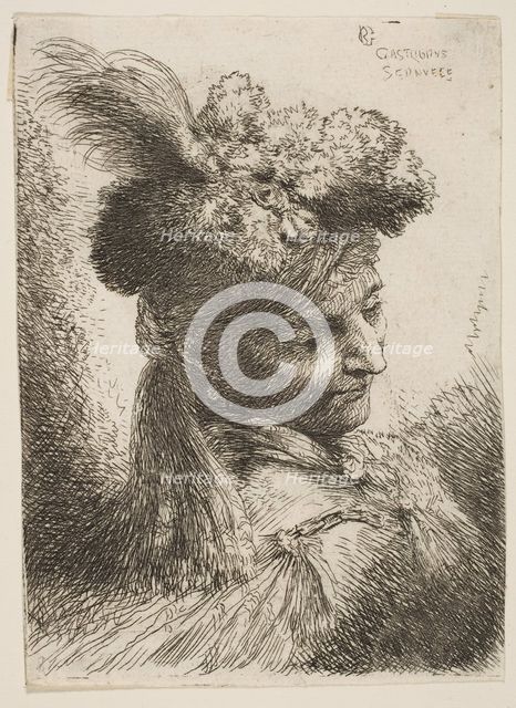 Young man facing three quaters right wearing a fur headdress with a plume, jewel ..., ca. 1645-1650. Creator: Giovanni Benedetto Castiglione.