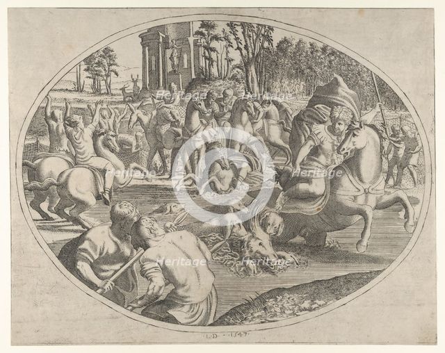 Young Man Hunting a Wild Boar, 1547. Creator: Leon Davent.