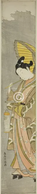 Young man holding umbrella and lantern, c. 1769. Creator: Torii Kiyomitsu.
