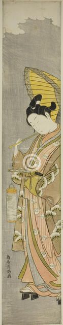 Young man holding umbrella and lantern, c. 1769. Creator: Torii Kiyomitsu.