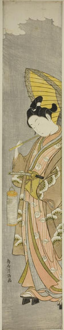 Young man holding umbrella and lantern, c. 1769. Creator: Torii Kiyomitsu