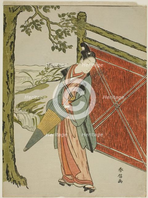 Young Man Holding Umbrella Beside a Fence, c. 1767/68. Creator: Suzuki Harunobu.