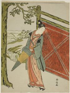 Young Man Holding Umbrella Beside a Fence, c. 1767/68. Creator: Suzuki Harunobu