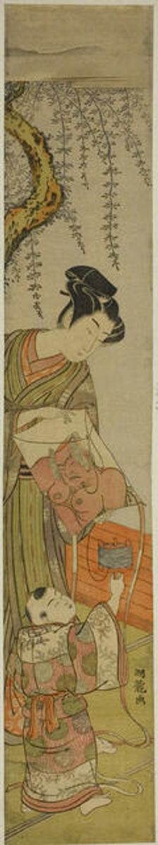Young Man Holds a Kite for a Child, c. 1774. Creator: Isoda Koryusai