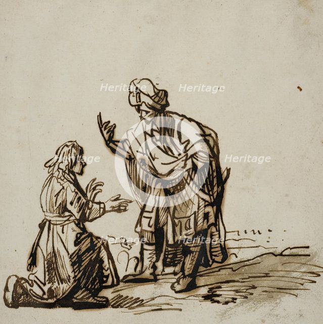 Young man kneeling before a standing man in oriental dress. Creator: Rembrandt Harmensz van Rijn.