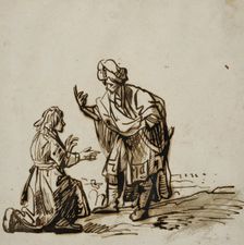 Young man kneeling before a standing man in oriental dress. Creator: Rembrandt Harmensz van Rijn