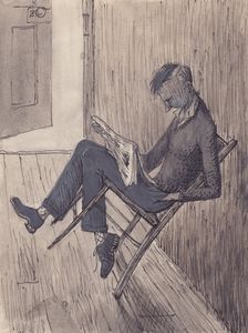 Young man leaning his chair against a wall, 1952. Creator: Shirley Markham