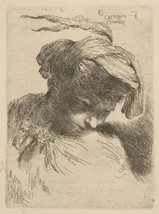 Young man looking down to right, from the series of Small Heads in Oriental Headdr..., ca. 1645-50. Creator: Giovanni Benedetto Castiglione