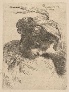 Young man looking down to right, from the series of Small Heads in Oriental Headdr..., ca. 1645-50. Creator: Giovanni Benedetto Castiglione
