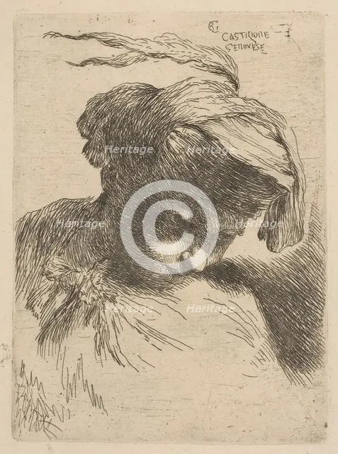 Young man looking down to right, from the series of 'Small Heads in Oriental Headdr..., ca. 1645-50. Creator: Giovanni Benedetto Castiglione.
