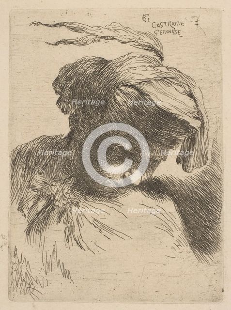 Young man looking down to right, from the series of 'Small Heads in Oriental Headdr..., ca. 1645-50. Creator: Giovanni Benedetto Castiglione.