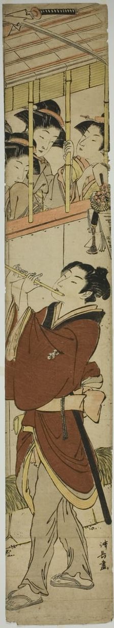 Young Man Playing Flute as Three Girls Watch, c. 1782. Creator: Torii Kiyonaga