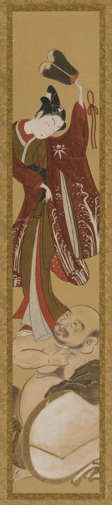 Young man standing on Hotei's shoulder, Edo period, 1615-1868. Creator: Unknown