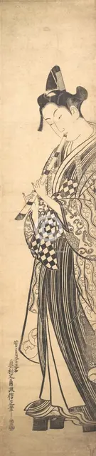 Young Man Walking Toward the Left on High Geta and Playing the Flute as He Walks, ca. ..., ca. 1745. Creator: Okumura Masanobu.