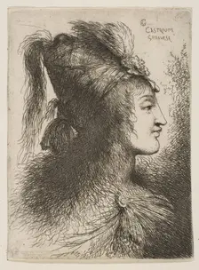 Young man wearing a plumed turban, facing right, from the series of Small Heads ..., ca. 1645-1650. Creator: Giovanni Benedetto Castiglione