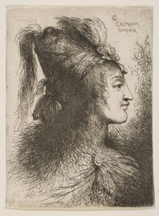 Young man wearing a plumed turban, facing right, from the series of Small Heads ..., ca. 1645-1650. Creator: Giovanni Benedetto Castiglione