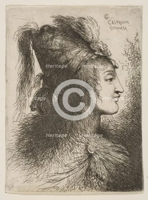 Young man wearing a plumed turban, facing right, from the series of 'Small Heads ..., ca. 1645-1650. Creator: Giovanni Benedetto Castiglione.