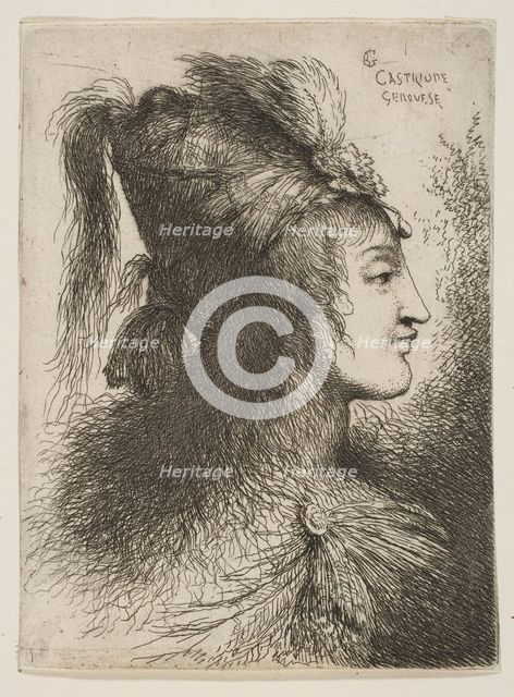 Young man wearing a plumed turban, facing right, from the series of 'Small Heads ..., ca. 1645-1650. Creator: Giovanni Benedetto Castiglione.