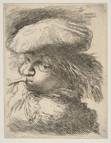 Young man with a trumpet facing left, from the series of Small Heads in Oriental..., ca. 1645-1650. Creator: Giovanni Benedetto Castiglione