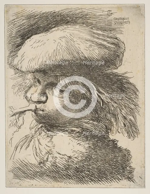 Young man with a trumpet facing left, from the series of 'Small Heads in Oriental..., ca. 1645-1650. Creator: Giovanni Benedetto Castiglione.