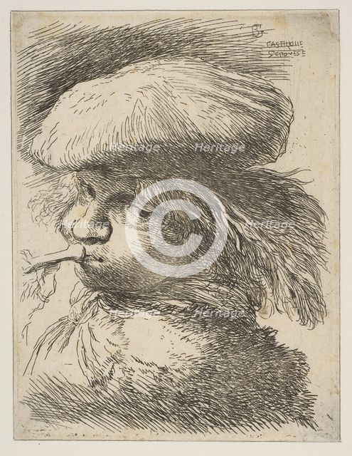 Young man with a trumpet facing left, from the series of 'Small Heads in Oriental..., ca. 1645-1650. Creator: Giovanni Benedetto Castiglione.