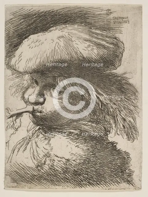 Young man with a trumpet facing left, from the series of 'Small Heads in Oriental..., ca. 1645-1650. Creator: Giovanni Benedetto Castiglione.