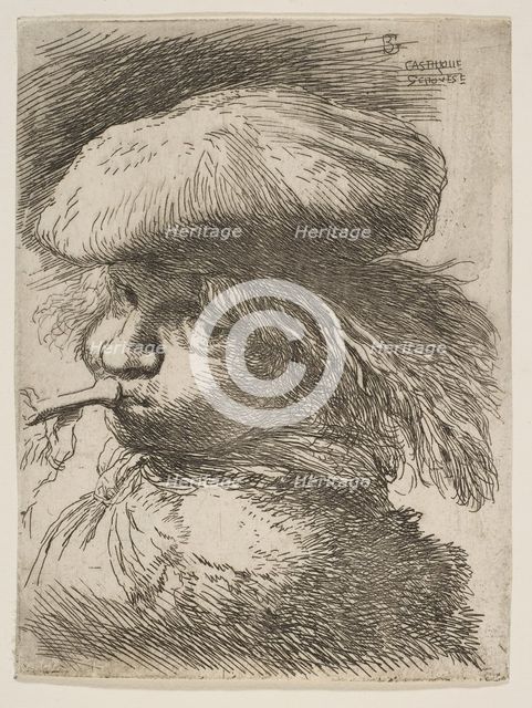 Young man with a trumpet facing left, from the series of 'Small Heads in Oriental..., ca. 1645-1650. Creator: Giovanni Benedetto Castiglione.