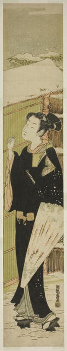 Young Man with Umbrella Knocking on Gate in Snow, c. 1774. Creator: Isoda Koryusai