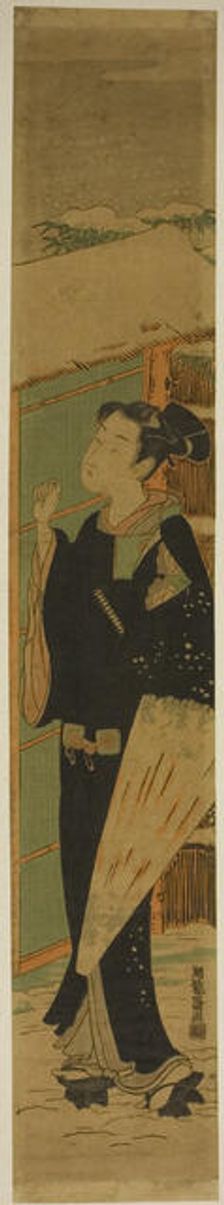 Young Man with Umbrella Knocking on Gate in Snow, c. 1774. Creator: Isoda Koryusai
