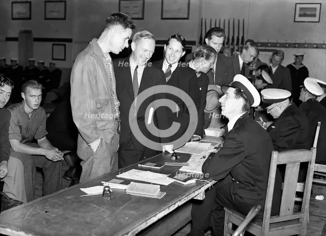 Young men enrolling for compulsory military service, Skepsholmen, Stockholm, 8th September 1939. Creator: Karl Sandels.
