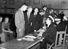 Young men enrolling for compulsory military service, Skepsholmen, Stockholm, 8th September 1939. Creator: Karl Sandels