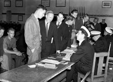 Young men enrolling for compulsory military service, Skepsholmen, Stockholm, 8th September 1939. Creator: Karl Sandels