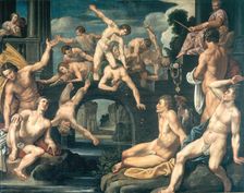 Young men falling from a bridge, allegory, 1622. Creator: Reinhold Timm