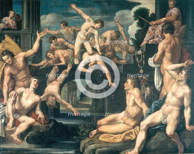 Young men falling from a bridge, allegory, 1622. Creator: Reinhold Timm.