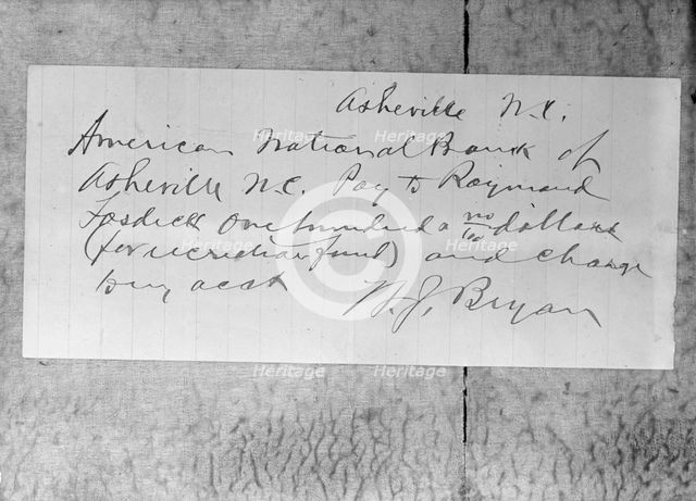 Young Men's Christian Association - W.J. Bryan, Check For Recreation Fund, 1917. Creator: Unknown.