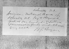 Young Men's Christian Association - W.J. Bryan, Check For Recreation Fund, 1917. Creator: Unknown