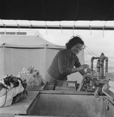Young migrant girl makes use of facilities..., Merrill FSA camp, Klamath County, Oregon, 1939. Creator: Dorothea Lange