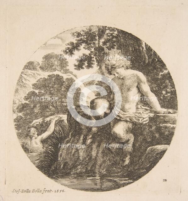 Young Satyr About to Bathe in a River, from 'Landscapes and seaports' (Paysages et ports d..., 1656. Creator: Stefano della Bella.