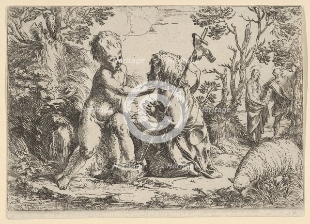 Young Saint John the Baptist kneeling before the infant Christ who caresses his f..., ca. 1600-1640. Creator: Guido Reni.