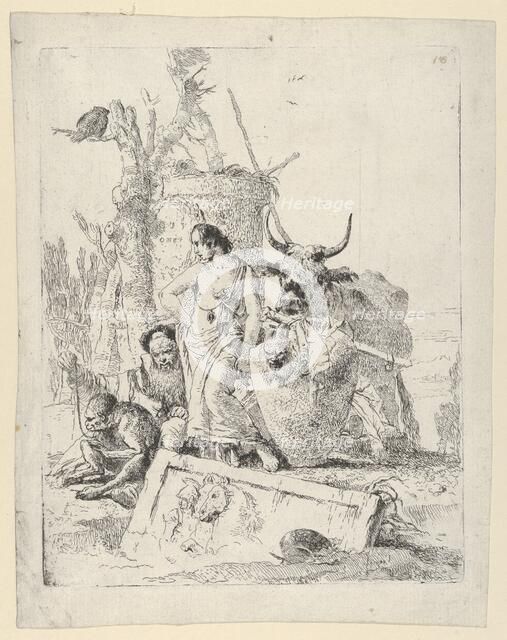 Young Shepherdess and old man with a Monkey, from the Scherzi, ca. 1740., ca. 1740. Creator: Giovanni Battista Tiepolo.