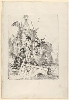 Young shepherdess and old man with a monkey, from the Scherzi, ca. 1743-50. Creator: Giovanni Battista Tiepolo