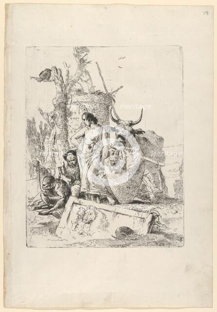 Young shepherdess and old man with a monkey, from the Scherzi, ca. 1743-50. Creator: Giovanni Battista Tiepolo.