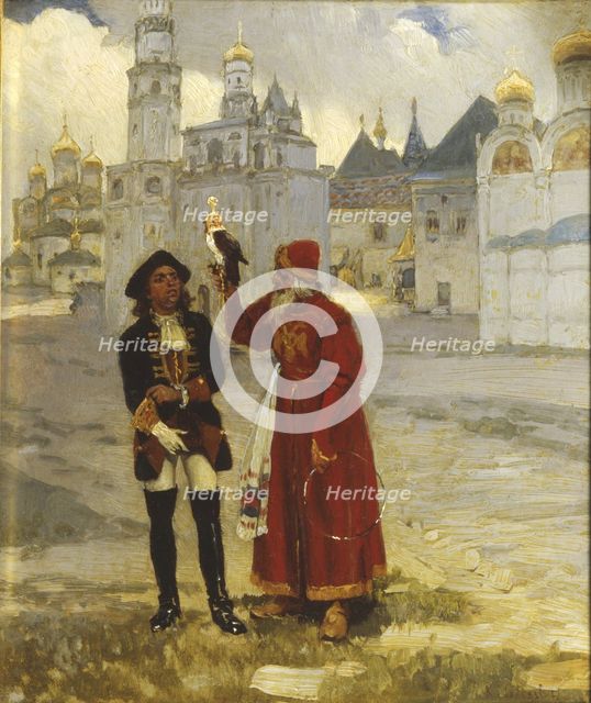 Young Peter I. and his falcon, 1900s. Artist: Lebedev, Klavdi Vasilyevich (1852-1916)